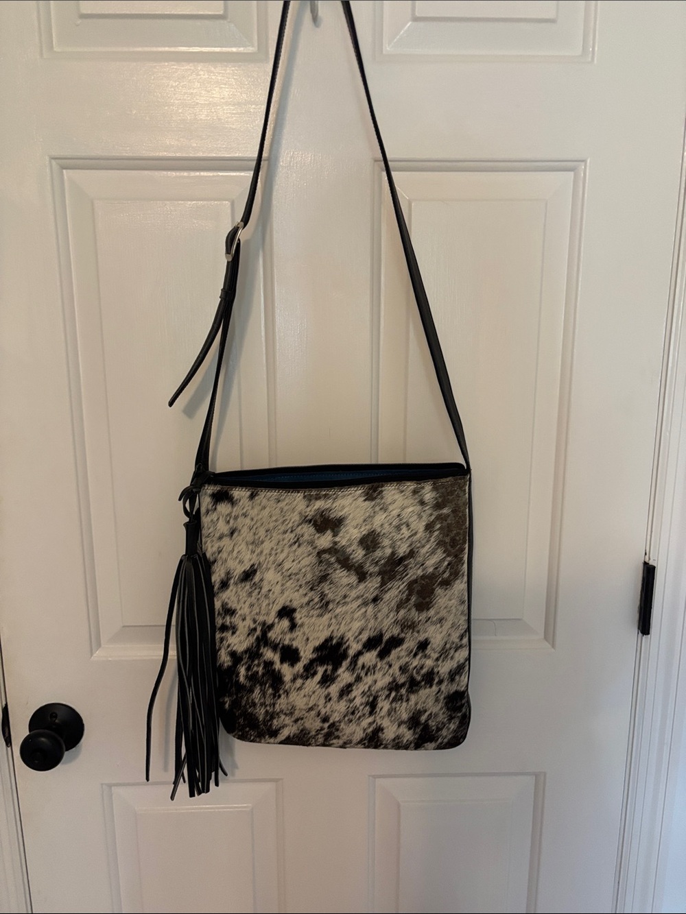 Leather Black & White Speckled Crossbody Bag with Tassel